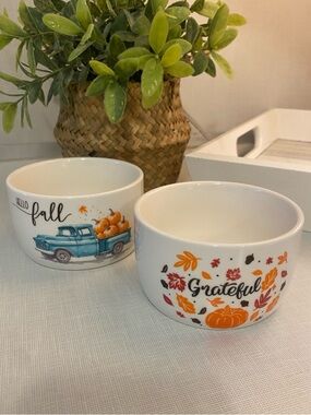 Grateful & Hello Fall Ceramic Bowls - Set of 2 (White/Orange/Blue)